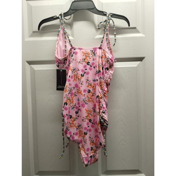 No Boundaries NWT Juniors Size Large Pink Floral Tie Shoulder One-Piece Swimsuit - Picture 3 of 10